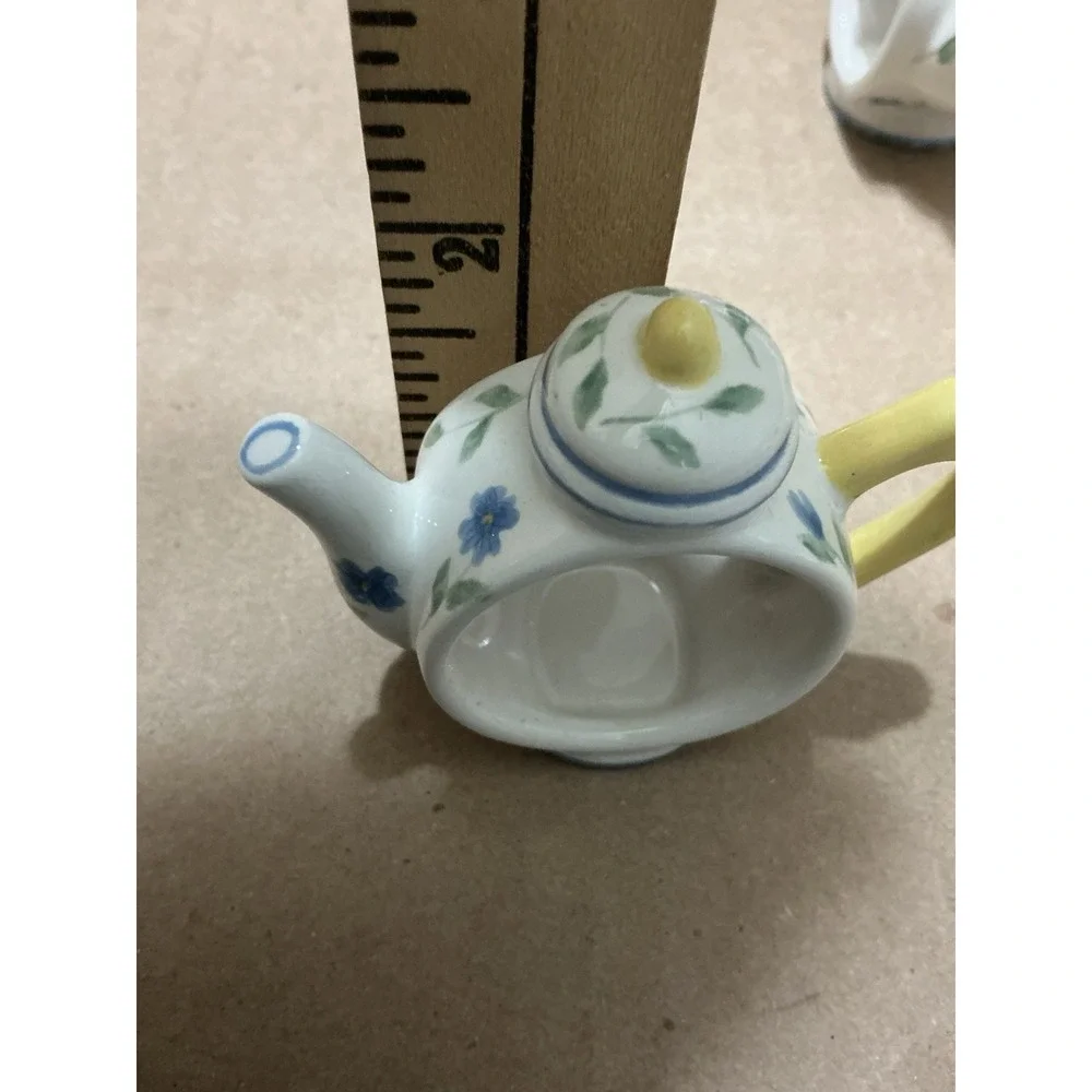 10 Vintage Pfaltzgraff Shelby Perennials Teapot Napkin Rings White Blue Yellow